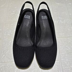 Eileen Fisher Stretch Knit Block Heel Slingback Sandals Women 7 Black Minimalist